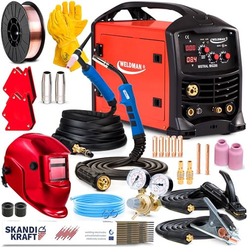 Weldman Mistral MIG200 - Poste a souder mig avec gaz et sans, 3en1 - Multi procédé : TIG MIG MMA - 60% 200A - Pour le soudage continu - Avec des torches MIG/MAG et TIG (Premium)