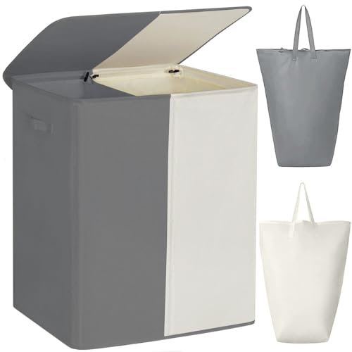 WOWLIVE Cesto portabiancheria doppio da 154 litri con coperchio, grande cesto per la biancheria da letto e sacchetti per la biancheria da letto pieghevole, lavanderia, armadio (grigio+beige)