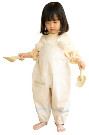 AGUARD Rain Pants Kids Suspender Waterproof Lightweight for Kid, Toddler Dirty Proof for Boys and Girls for 5-6 Age Ivory