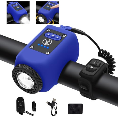 TINGSING Bocina electrónica con luz mini timbre para bicicleta con 6 tonos recargables USB-C E-Bell volumen ajustable 4 modos de luz, resistente al agua (azul)