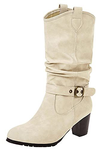 Gicoiz Femme Mi-Mollet Slouch Bloc Bottes Bottes Équitation Rétro A Enfiler Hiver Classique Bout Rond Boucle Equestrian Cowboy Bottines Blanc Taille 36 EU