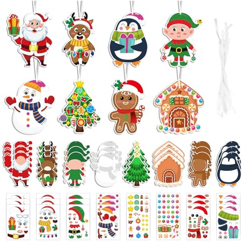 HTTDSLF Lot de 24 autocollants de Noël en mousse pour enfants, loisirs créatifs, bonhomme de neige, pingouin, Père Noël, elfe, bonhomme en pain d'épices, élan, bonhomme