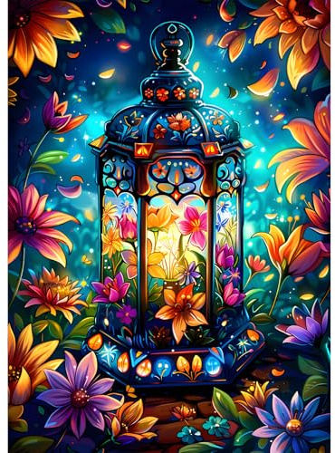 EOBROMD Diamond Painting Kit Completo Lámpara de Viento, Flores Pintura de Diamante Adultos, Punto de Cruz Diamante, Cuadro Diamante Art Rhinestones Bordado para Decoración Hogar 30x40cm
