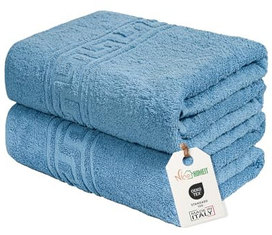 nice homeit Juego de 2 Toallas de baño Grandes 100 x 150 cm – Extra Large Toalla de baño 100% algodón Hilado en Anillo – Extra Suave y Absorbente Made in Italy (Azul)