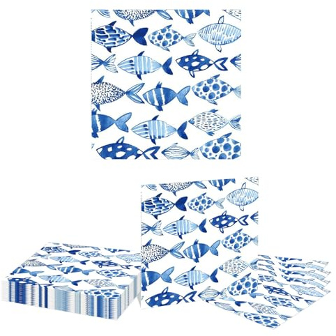 Kotkiddy 20 Unidades de Servilletas de Invitado con Diseño de Peces del Océano, Servilletas de Papel Desechables de Acuarela Azul para Decoración de Verano