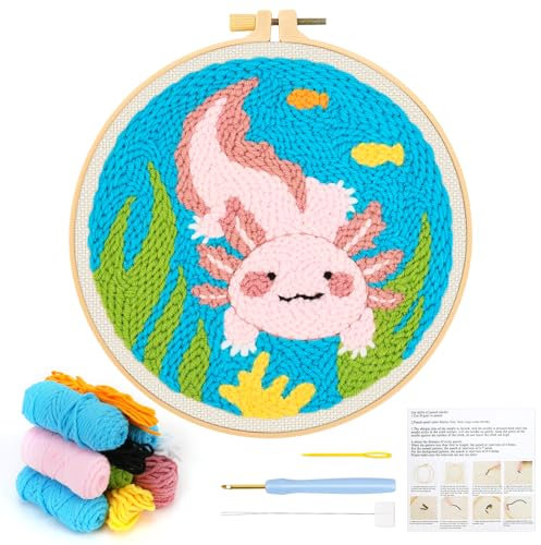 JSRQT Punch Needle Starter Kit Completo Mexican Walking Fish Strumento di Ricamo per Principianti Aghi Punzonatura Mestiere con Telaio Istruzioni Stick Embroidery Punto Croce Bambini Adulti