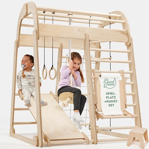Goodevas Montessori - Cadre d'escalade en bois pour enfants - Pour l'intérieur et l'extérieur - Aire de jeux en bois avec toboggan, balançoire, mur d'escalade, corde d'escalade et échelle de corde