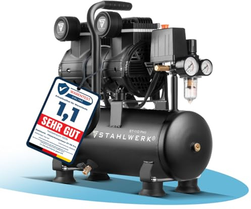STAHLWERK Compressore da 10 l, senza olio e silenzioso, 10 bar, compressore ad aria compressa con motori brushless, 2,1 CV, 1,6 kW, 210 l/min, compressore silenzioso, compressore a pistone