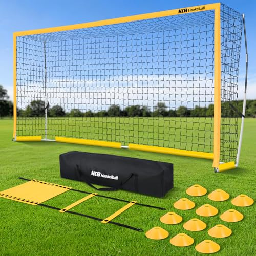 Haokelball Portable Soccer Goal for Backyard, 12x6 FT Soccer Net with Metal Post for Adult Youth Practice, Outdoor Training Equipment with Agility Ladder, Cones, Ground Stakes and Carry Bag (Yellow)