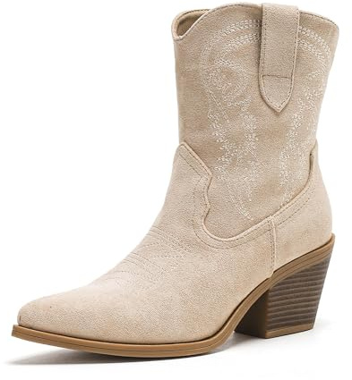 Putu Cowboy Ankle Boots for Women, Western Booties with Pointed Toe & Embroidery, Stylish Short Booties for Casual & Party Beige 8.5