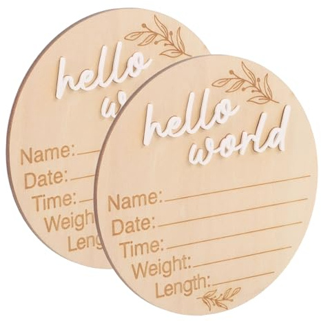 PERSELOSO Wooden Circular Birth Announcement Signs with Hello World Design 2pcs for Newborns for Party Decor and Photo Prop