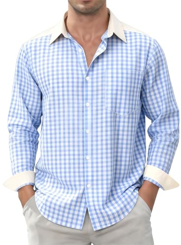 Dybycit Men's Shirt Long Sleeve Cotton Shirts Regular Fit Checked Shirt with Pocket