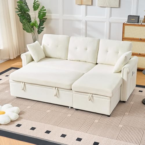 Kelodan Sofá de esquina con cajonera y función de dormir, práctico sofá cama con espacio de almacenamiento, montaje en ambos lados, sofá en forma de L de chenilla para salón o habitación de invitados