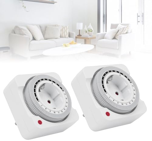 LICAEVEY Temporizador de Salida Mecánico de 24 Horas con Intervalos de 15 Minutos, Paquete de 2 Enchufes de Temporizador Mecánico de 16 A Resistentes para Iluminación Interior, Lámparas, (Enchufe de