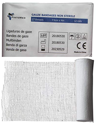 PintoMed - Benda di Garza Non Sterile - 12 rotoli - 7,5cm x 4m - 17 fili - bendaggi regolabili per ferite, kit di pronto soccorso medico