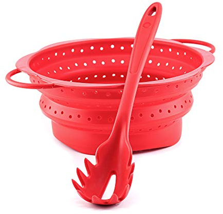 Kochblume Pastalöffel & Faltsieb L 2er Set | Premium-Silikon | Hitzebeständig | Spülmaschinenfest | Farbe: rot