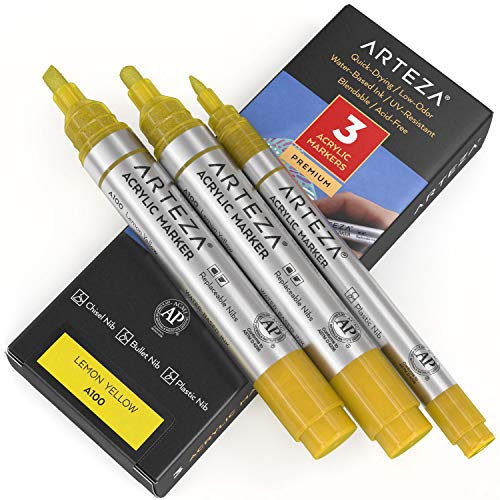ARTEZA Rotuladores para pintar, pack de 3, A100 Amarillo Limón, 1 rotulador punta fina y 2 de punta gruesa (cincel y bala), acrílico para metal, lienzo, piedra, cerámica, vidrio, madera y tela