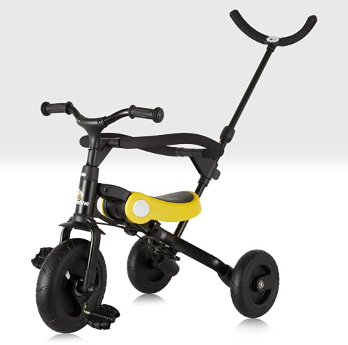 Folding Trike with Parent Handle Kids Multifunctional 3 in 1 Tricycle Balance Bike Black and Yellow with Safety Bar Removable and Lockable Pedals Childs Stroller by Beehive Toys Easy to Assemble Metal