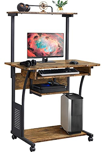 Yaheetech Mesa Escritorio con Ruedas Escritorio con Estanteria y Cajón Mesa de Ordenador Estrecho para Oficina con Bandeja de Teclado Marrón Rústico 80x50x132cm