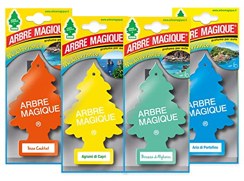 Arbre Magique Mono, Profumatore Auto, Variety Pack 4 (Mediterraneo), Ibiza Cocktail + Agrumi di Capri + Brezza di Mykonos + Aria di Portofino, fino a 7 Settimane, Made in Italy, Confezione da 4 Pezzi