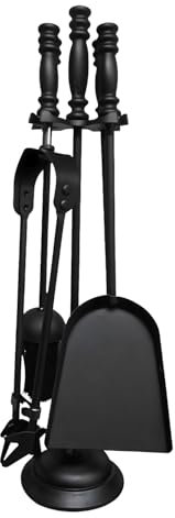 FB FunkyBuys Fireside Companion Set 5 Piece Fireplace Tool Sets Iron Companion Wood Burner – Fire Poker Set Log Burner Accessories – Fire Companion Sets for Log Burners with Stand