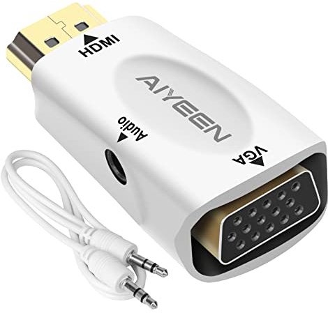AIYEEN Adaptador HDMI a VGA, 1080p HDMI Macho a VGA Hembra Adaptador con 3,5 mm de Audio Jack Cable Compatible con el Monitor, Portátil, Ordenador, Proyector, HDTV, Chromebook y Más (Blanco)