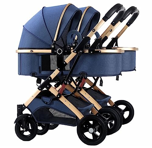 Zwillingskinderwagen Kombi Doppelter Kinderwagen Für Säugling Und Kleinkind, Abnehmbarer Kinderwagen Side-by-Side Multi-Position Reclining Sitze, Faltbare Kinderwagen Trolley (Color : Blauw)