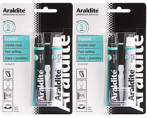 Araldite 2-Part Crystal Epoxy Resin Glue Clear Epoxy Resin Kit for Use as Ceramic Glue, Plastic Glue, Metal Glue and Glass Glue For Durable Bonding & Repairs 2 x 15ml (Pack of 2)