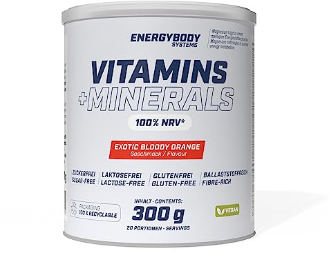 Energybody Vitamins + Minerals Pulver - 300g - mit 10 Vitaminen & 8 Mineralstoffen/Multivitamin Mineralstoff Drink/Exotic Bloody Orange Geschmack, vegan