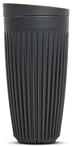 HUSKEE Coffee Cups with Lids - Reusable Coffee Cup with Unique Fins for Espresso, Cappuccino, Americano, Mocha - Insulated & Portable Latte Cups Made with Repurposed Coffee Husks (Charcoal, 16oz)