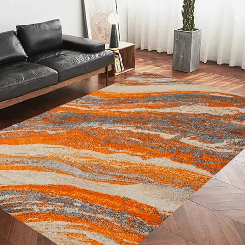 Rug-QJDDUP Kurzflor Teppich Waschbar,Art Deco Warm Orange Grau Weiß Abstrakt Modern,Orange,80 x 150 cm, Moderner Wohnzimmer Schlafzimmer Flur Küche, Anti-Rutsch Unterseite,