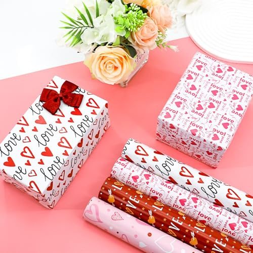 6 fogli di carta da regalo con cuori rossi, 51 x 74 cm, per San Valentino, compleanno, festa della mamma, matrimonio