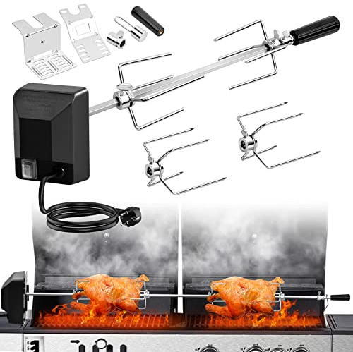 Kit universal de asador para barbacoa, asador con motor eléctrico de 220 V y 4 W, 2 tenedores, acero inoxidable, juego de barbacoa para la mayoría de quemadores de gas