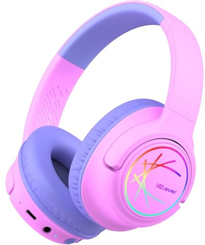 iClever Kids Bluetooth Headphones with LED Lights, BTH18 Safe Volume 74/85dBA, 43H Playtime, Bluetooth5.3 Kids Headphones Wireless Aux Cord for iPad/Tablet/Travel/School, Pink/Blue
