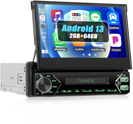 SIXWIN 2+64GB 1 DIN Android 13 Autoradio mit Carplay Android Auto Mirrorlink,7-Zoll-Touchscreen Bildschirm Ausfahrbarem Manuelle,Bluetooth Freisprecheinrichtung I WiFi I GPS I FM,RDS,EQ I USB,AUX