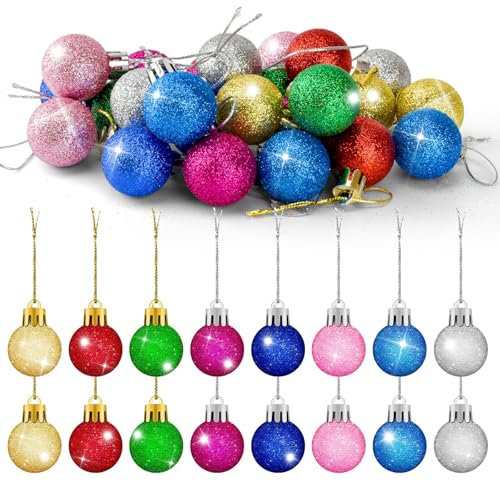 24 Pc Mini Glitter Christmas Ornaments - Tree Decorations, Colorful Balls for Xmas Tree by (Brand Name) (1.18 Inch)