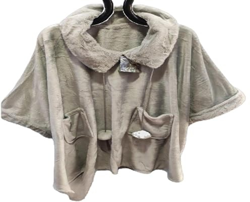 Galeone - Biancheria e Tessuti Poncho Pile Donna - Coperta con Maniche, Mantella da Camera in Coral con tasconi, Colletto e PON PON in Pelliccia (Grigio)