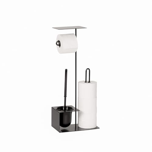 MyWIRE® YBBS 4-i-1 toalettset – fristående toalettpappershållare med integrerad borste och reservrullshållare, modern design, 100 % tillverkad i Österrike (grafitsvart)
