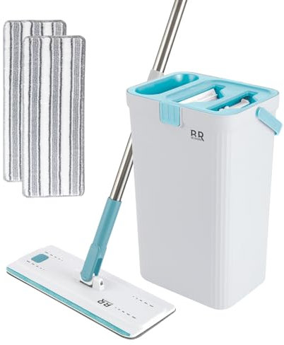 Juego de cubo giratorio para fregona con escurridor giratorio 360 y 2 cabezales de almohadilla de microfibra telescópica, mango fácil de presionar con juego de organizador de limpieza en seco