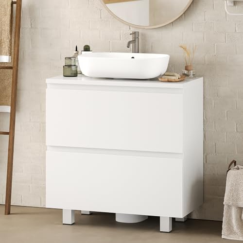 KIMENICH Under Sink Bathroom Cabinet, Floor Standing Storage Cabinet with 2 Drawers, Bathroom Floor Cabinet with Feet, 60 x 30 x 66 cm, White