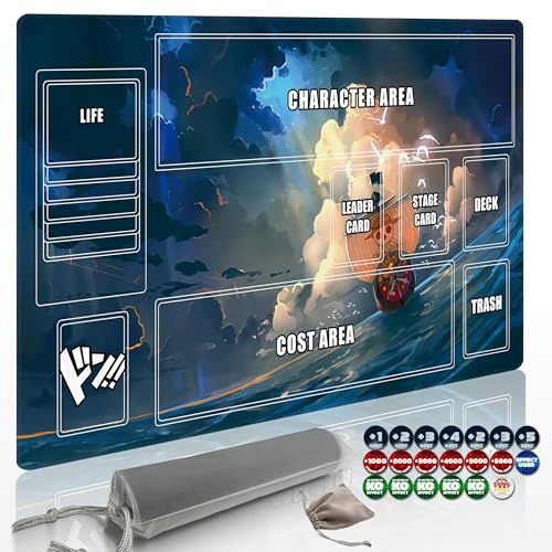 Tapis de jeu Extalas pour le jeu de cartes One Piece (61x35,6 cm) : avec caoutchouc antidérapant, design de zones, un sac de rangement professionnel inclus, plus un cadeau limité de 20 marqueurs de