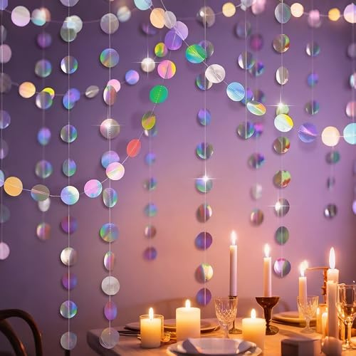 WAONIQ 4 stycken glitterpapper runda prickar girlang dekoration, 52 fot hängande iridescent cirkel prickar girlanger för girlang födelsedag bröllop fest dekoration och festligheter