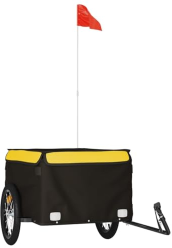 Rimorchio per bicicletta nero e giallo, portata 45 kg, in ferro, 70 x 50 x 36 cm, con frizione e bandiera di sicurezza, per trasporto, campeggio, shopping, attività all'aperto e animali domestici