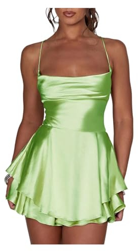 Satin klänning satin silke kvinnor sexig cami lekdräkter klänning solid vattenfall urringning ärmlösa korta overaller för fester