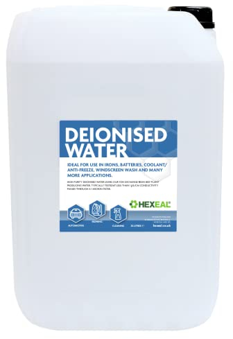 Hexeal Deionised Water 25L – 25L of Deionised Water for Steam Irons, Car Batteries, Windscreen Fluid & Antifreeze – Demineralised Water, Reduces Limescale Deposits & Water Stains – For Lab Use