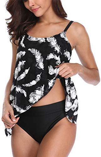 FLYILY Mujer Tankini baño de Malla para Conjunto de Dos Piezas de Cintura Alta Tallas Grandes