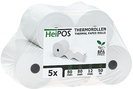 HeiGroup HeiPOS - 5x Kassenrollen Thermorollen - 80 mm x 80 m x 12 mm - 55 g/m² Papier - Für EC-Cash, Kreditkarten Kassensysteme und mehr