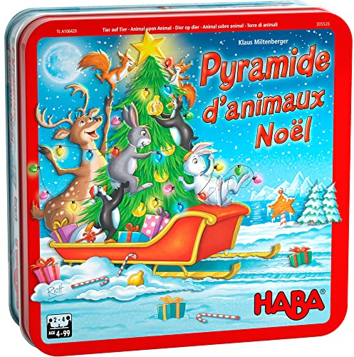 HABA - Pyramide des Animaux Edition Noël - Jeu d'adresse et d'empilement - Boite Metallique - 4 Ans et Plus - 305526 Rouge