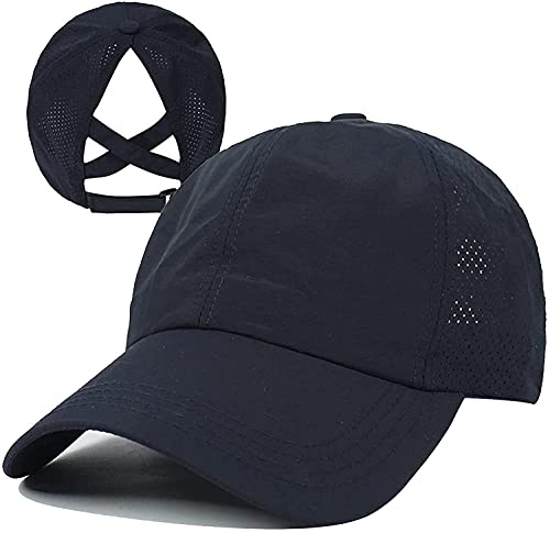 HGGE Womens Criss Cross Ponytail Baseball Cap Adjustable High Messy Bun Ponycap Trucker Hats Quick Drying Mesh Dad Hat for Outdoor Sports Travel Navy Blue