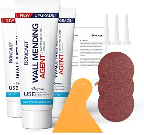 Boncart Reparationssats för gipsvägg, spackel väggreparationssats, 3-pack vägglagare, spackel, väggreparationspasta gips för väggspricka/nagelhål, vägghålsfyllare med skrapa/sandpapper